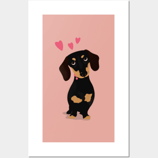 Cute Cartoon Dachshund with Three Pink Hearts Posters and Art